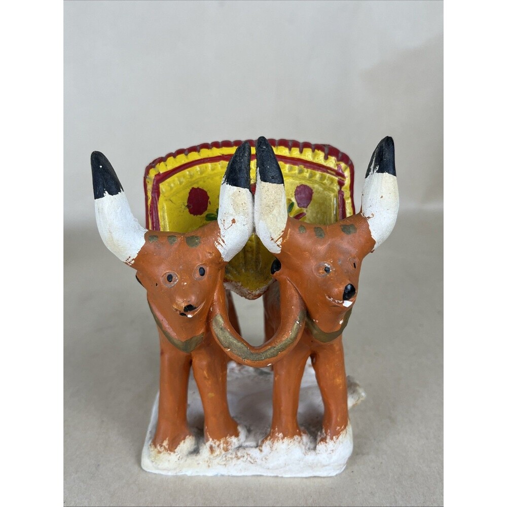 HTF Vintage Folk Art Clay Colorful Oxen Figurine Whistle From Portugal Barcelos